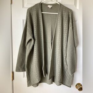 Garnet Hill cashmere open-front sweater, pointelle knit, sage green, size L.